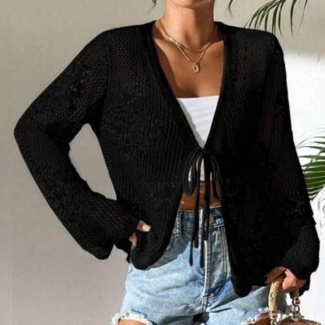 Breezaya Women&#39;s Plain Casual Long Sleeve Black Cardigan, Minimalist Fashion Style Suitable For Summer