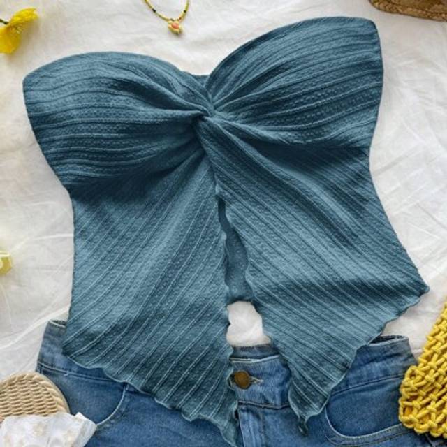 SHEIN Teen Girls Valentine&#39;s Day Resort Style Mustard Blue Textured Tube Top With Front Twist, Ruffle Trim Fitted Blouse. Suitable For Afternoon Tea, Street
