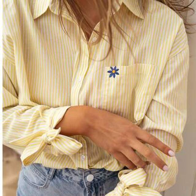 SHEIN Elegant Yellow & White Striped Women Blouse With Floral Front Decor And Bow Sleeve Cuff, Perfect For Spring Autumn