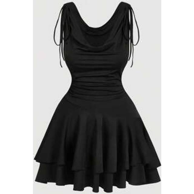 SHEIN Plus Size Women&#39;s Modest Black Draped Neck Dress - Deep V Tiered Ruffle Hem Knitted A-Line With Adjustable Lace-Up For Everyday/Party/Vacation,Can Be
