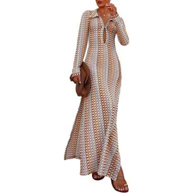 SHEIN Women&#39;s Summer Crochet Long Dress Deep V-Neck Long Sleeve Thigh Slit Slim Beach Dress