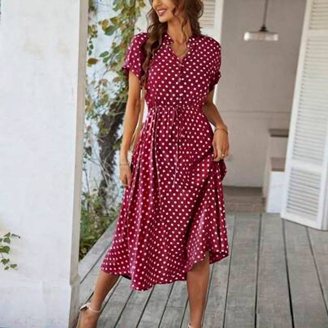Breezaya Polka Dot Print Half Button Knot Front Dress Maxi Vacation Beach Outfits Women