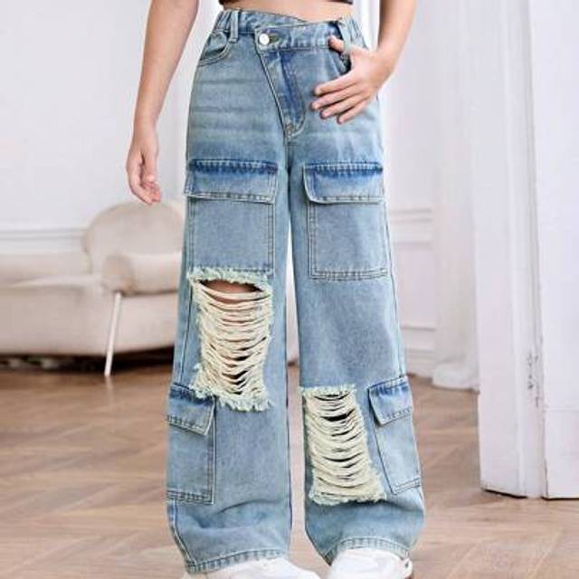 SHEIN Denimly Girls Casual Daily Urban Street Style Ripped Detail Design Elastic Waist Zip Pockets Cargo Pants