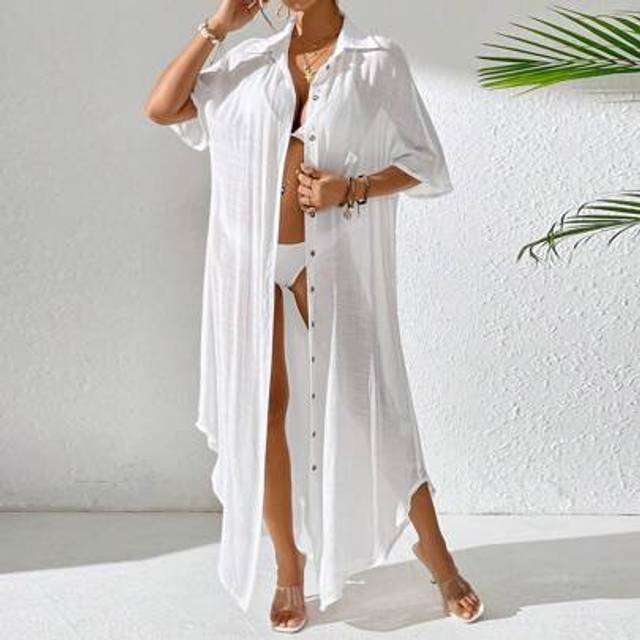 SHEIN White Long Loose Casual Kimono Shirt Blouse For Women, Spring/Summer