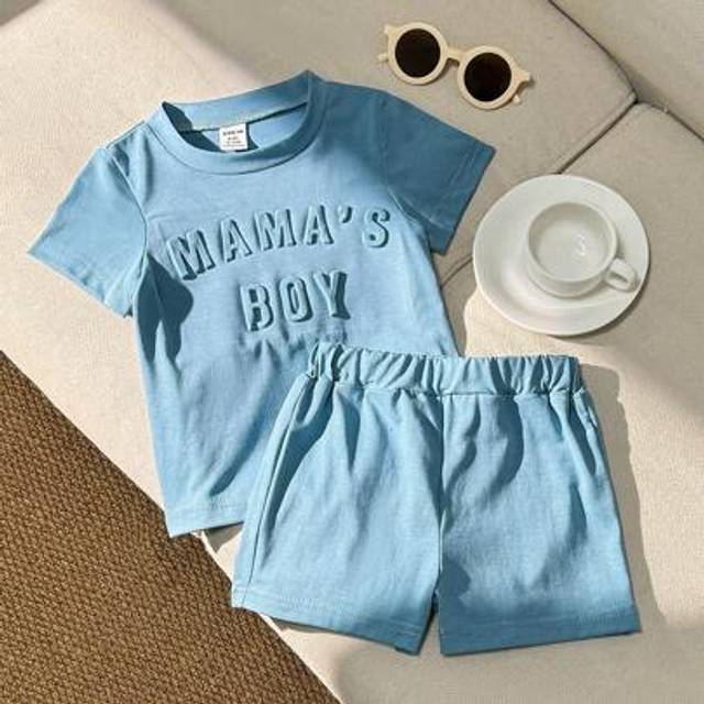 SHEIN Flower Pattern Grey Embossed Street Fashion Baby Boy Outfit With Raised Texture Khaki For Baby Boybaby Set Boyplain Baby Boys Sets