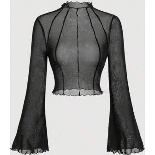SHEIN Plus Size Women Black Sheer Mesh Contrast Stitching Bell Sleeve Blouse,Black Top, Costume Plus, Outfits,Fall Women Dresses,Bell Sleeve Top