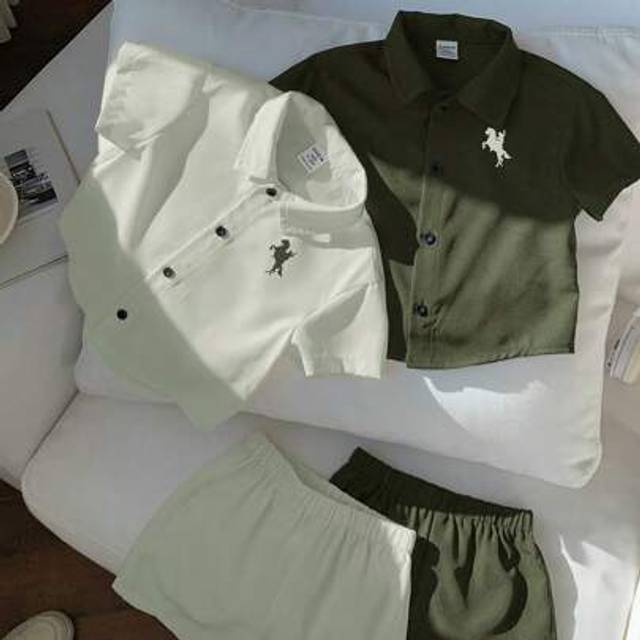 SHEIN 4pcs/Set Baby Boy/Girl Summer Green Contrast Color Animal Print Soft Knit Polo Collar Short Sleeve Cardigan & Elastic Waist Shorts, Suitable For Vacat