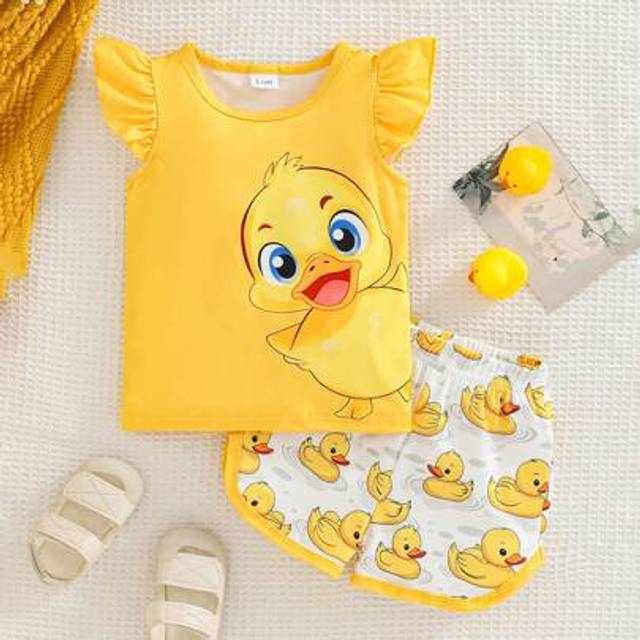 SHEIN Baby Girl Yellow Duck Print Sleeveless Top With Frill Sleeves & Allover Print Shorts Set, Adorable Spring Outfit