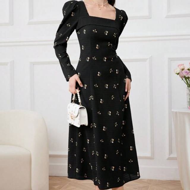 Mulvari Ladies&#39; Floral Printed Long Sleeve Square Neck Modest Dress