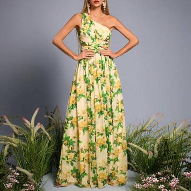 SHEIN Mgiacy New Arrival V Neck Elegant Bridesmaid Dress Printed Ruffle Chiffon Long Dress