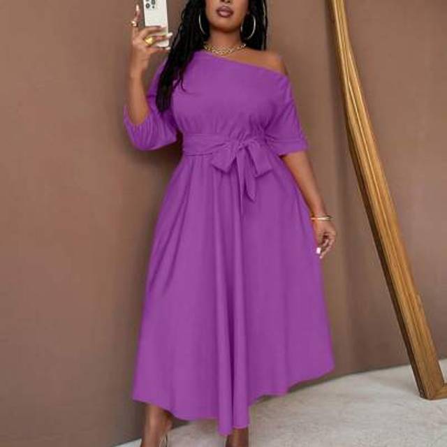 Maweii Plus Size Women&#39;s Asymmetric Shoulder Asymmetrical Neck Tie-Waist A-Line Black Sexy Dress Maxi Women Outfit