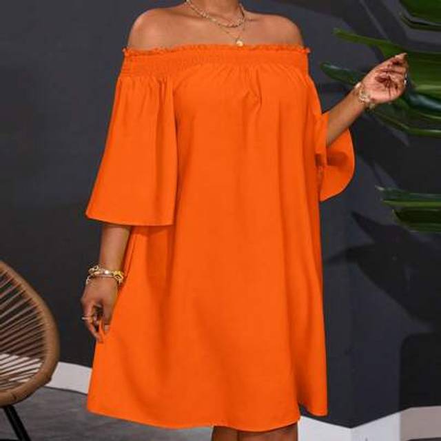 Slaydiva Plus Size Women Off Shoulder Elegant Commuter & Vacation A-Line Dress,Summer Outfits For Women