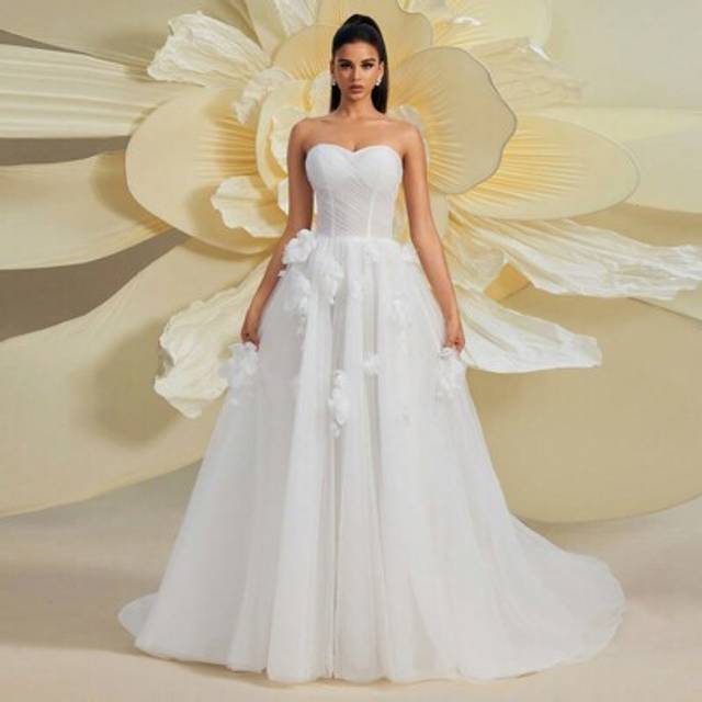 SHEIN New Vintage Solid Color Layered Tulle Ball Gown Wedding Dress With Dramatic Skirt, Elegant Bridal Gown For Outdoor Garden Wedding,Bride