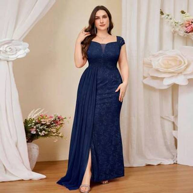 SHEIN Plus Elegant Deep V-Neck Floral Lace Contrast Mesh Draped Side Split Thigh Formal Party Long Dress, Prom Evening Wedding Guest Gown, For Graduation, D