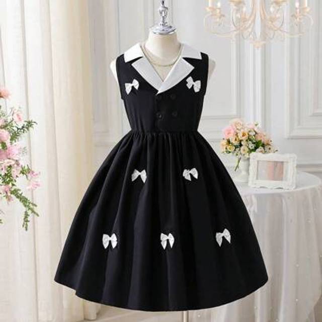 SHEIN Tween Girl Elegant Casual Cute Black & White Patchwork Contrast Bow Decor Collar Sleeveless Wide Hem Dress