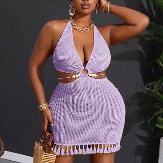 Slaydiva Plus Summer Beach Vacation Halterneck Waist Hollow Hem Tassel Yellow Tight Mini Dress