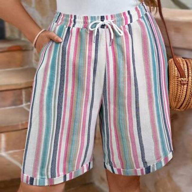 Luneh Women Plus Size Colorblock Printed High Waist Shorts Comfortable Cotton