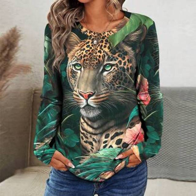 INAWLY Full Print Forest, Animal Wildlife Leopard Pattern Long Sleeve Round Neck T-Shirt Graphic Tees Women Tops For Spring Outfit