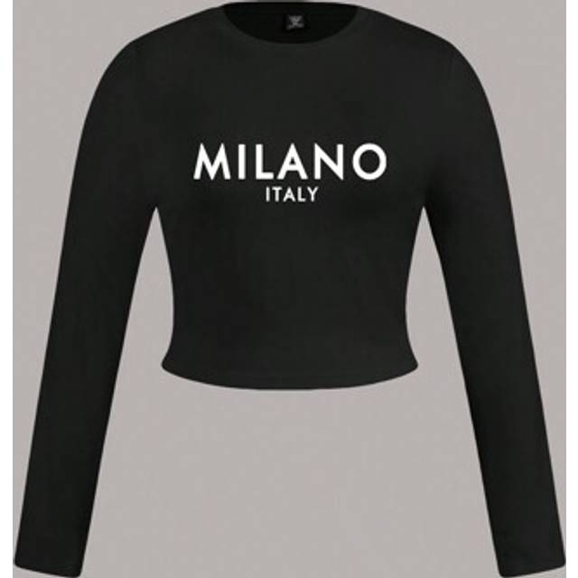Slaydiva Milano Casual Letter Pattern Round Neck Cropped Long Sleeve T-Shirt For Plus Size Women, Autumn/Winter