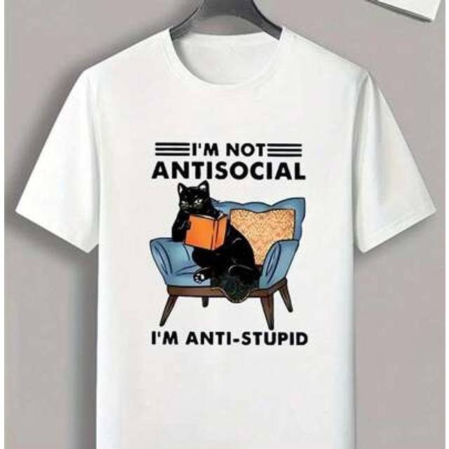 SHEIN I Am Not Antisocial I Am Anti-Stupid Funny Cats Printed High Quality Cotton T-Shirts Mens Summer Casual Short Sleeved Tees