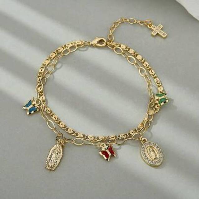 SHEIN 1pc European & American Style Golden Simple Sacred Classic Cubic Zirconia Virgin Mary Cross Colorful Crystal Butterfly Shape Tag Bracelet, Ideal Gift