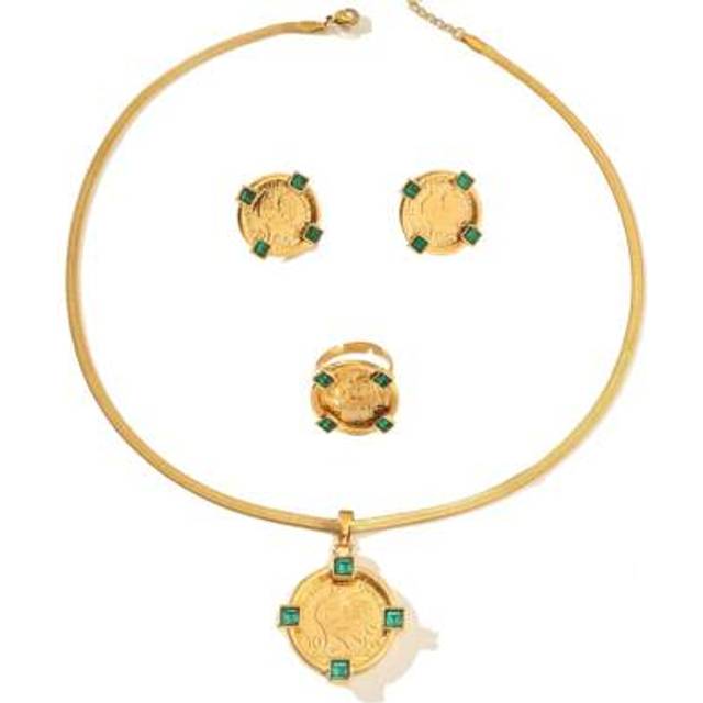 SHEIN 1 Set Elegant Vintage Copper Alloy Gold-Plated Rhinestone Inlaid Coin Pendant Earrings Ring Necklace Jewelry Set, Suitable For Women&#39;s Daily Wear And