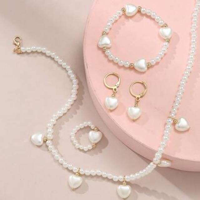 SHEIN Heart Shaped Pendant & Pearl Jewelry Set For Children, Including Necklace, Bracelet, Ring And Earrings