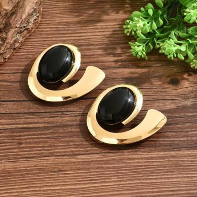 SHEIN 2pcs Sexy Exaggerated Geometric Wave Water Drop Leopard Print 18K Gold, Black & Transparent Oval Convex Resin Inlaid Large Hoop Earrings For Women, Su