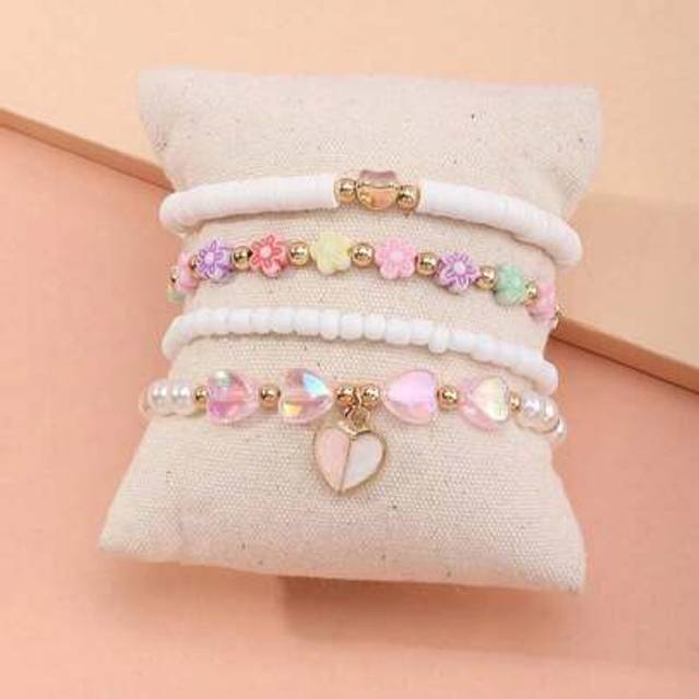 SHEIN 4pcs/Set Girls&#39; Heart Shaped Pendant, Flower Beads Bracelet Set, Sweet And Cute Children&#39;s Jewelry Set, Ideal Choice For Traveling And Gift Giving
