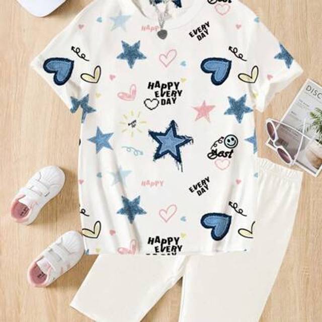 SHEIN Tween Girls Casual Printed Round Neck Short Sleeve T-Shirt & Shorts Co-Ord Sets, Summer Young Girls Sets Summer
