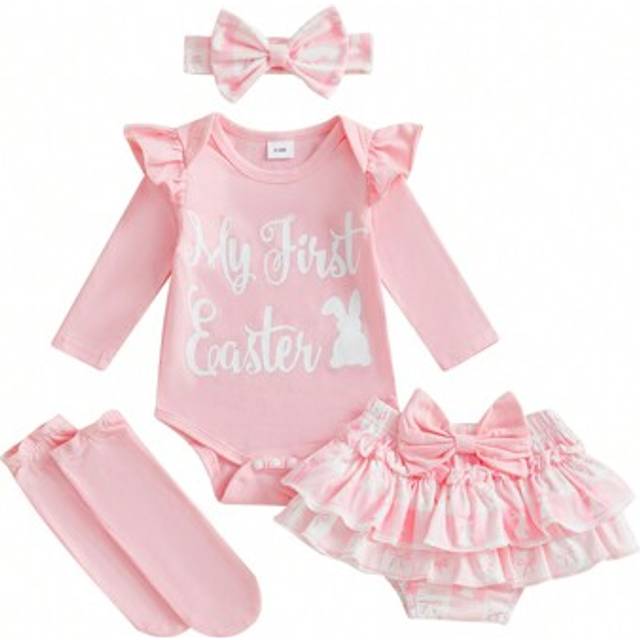 SHEIN Baby Girls Easter Outfits Long Sleeve Letter Print Romper + Ruffled Shorts + Headband + Long Socks