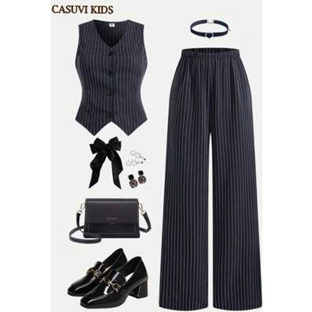 SHEIN 2pcs/Set Teenager Striped Vest Top And Matching Striped High-Waisted Pants, Elegant Premium Set