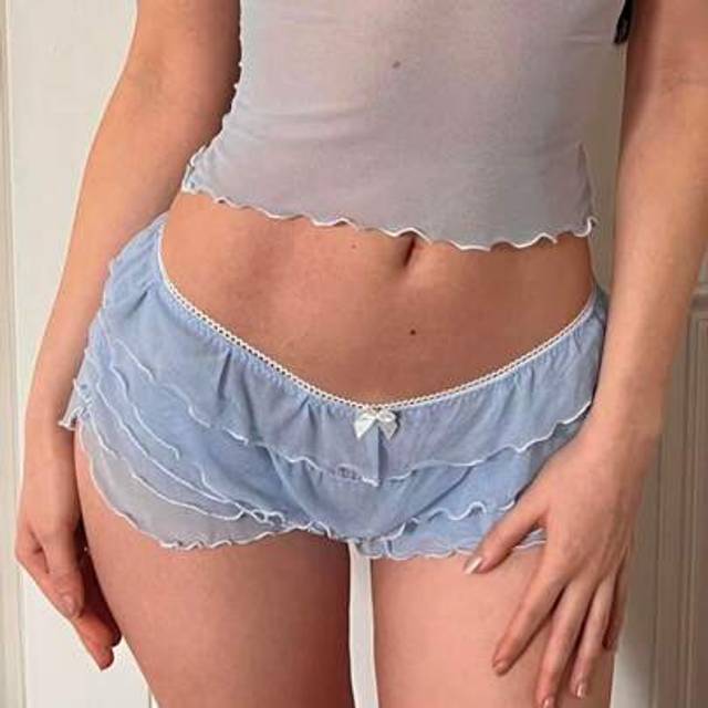 SHEIN Y2k Multi-Layers Ruffle Sheer Shorts Edge Waistband Bow Low Waist Micro Pants Fairy Coquette 00s Cute Mini Shorts Rave Party