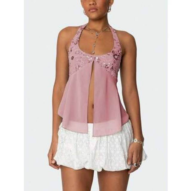 SHEIN Women Split Mesh Patchwork Halter Top Y2K Sequin Sparkly Sleeveless Deep V Neck Cami Crop Tops Glitter Rhinestone Sexy Backless Camisole Tank Tops Sum
