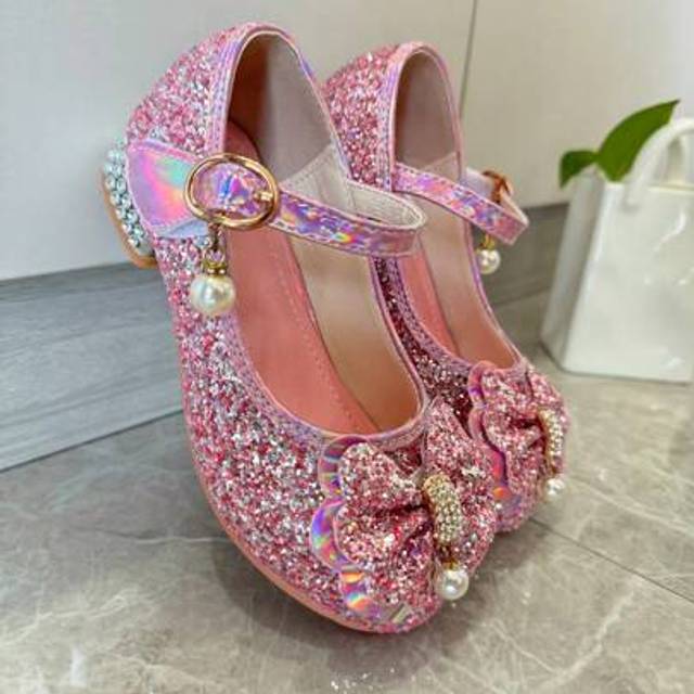 SHEIN Girls Elegant Pink Sequin High Heels, Butterfly & Pearl Charm Rhinestone Buckle, Comfortable Snug Fit Heel, Basic Cute Daily Wear, Suitable For All Se