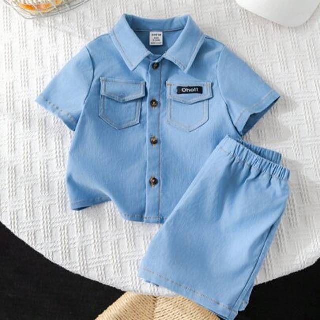 SHEIN Baby Boy/Girl 2pcs/Set Blue Summer Jacquard Collar Short Sleeve Cardigan Top & Elastic Waist Shorts Set