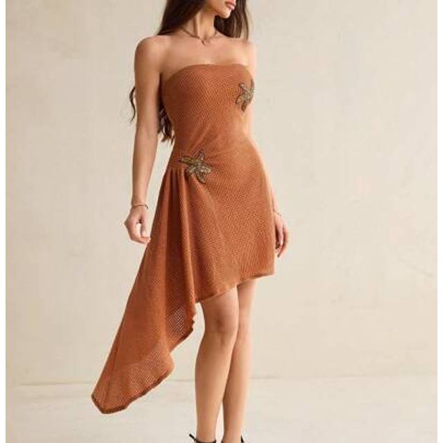 SHEIN Women&#39;s Summer Stand-Up Collar Lantern Sleeves See-Through Waist Floral Embroidery Elegant Dress