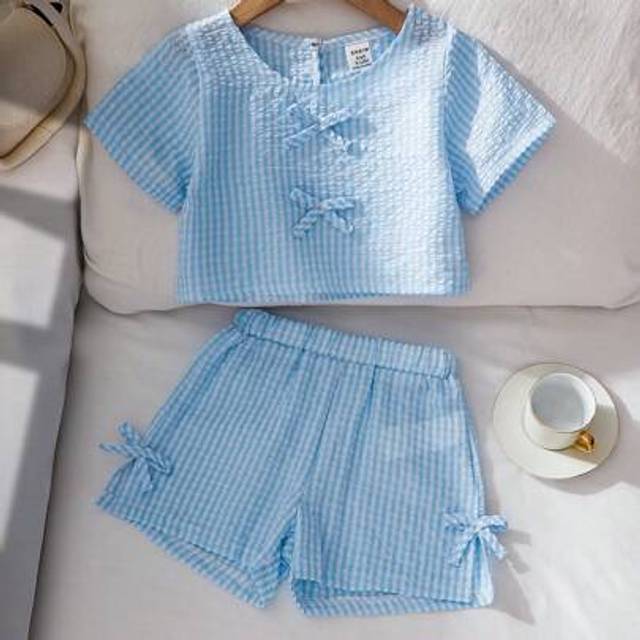 SHEIN Baby Girls Casual Korean Style Plaid Bowknot Short Sleeve Top And Plaid Bowknot Shorts 2 Pieces Set, Summer Outfit