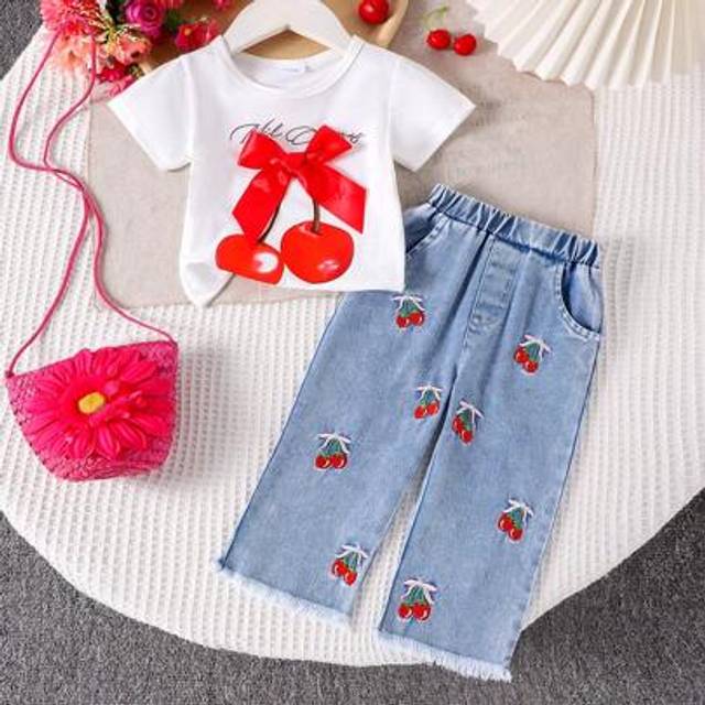 SHEIN 2pcs Baby Girls Cherry Print White T-Shirt + Denim Pants Outfit, Lightweight Summer Set