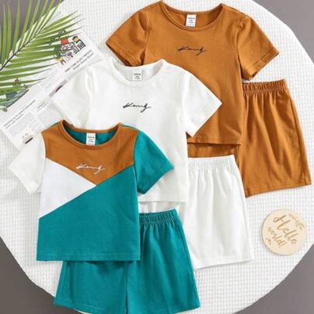 SHEIN 6pcs/Set Baby Boy Casual Cute Knitted Contrast Color Short Sleeve T-Shirt And Elastic Waist Shorts Basic Outfit Sets, Summer