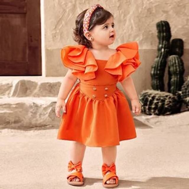 SHEIN Baby Girl Ruffle Hem Orange Short Sleeve Top And Skirt 2pcs Outfit, Summer