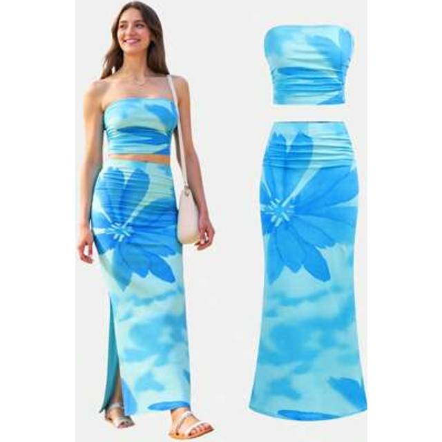 SHEIN 2pcs Floral Tropical Print Crop Top & Fitted Maxi Skirt Set, Vacation Style For Teens