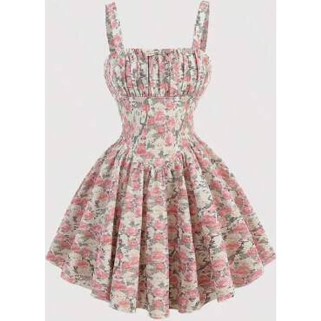 SHEIN Tween Girls Pink Break Flower Dress Allover Floral Print Ruched Bust Cute Cami Dress, For Birthday