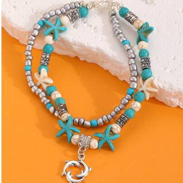 SHEIN 1pc Fashionable Vintage Multi-Layer Turquoise, Seashell, Starfish, Bead Chain Anklet Decor, Suitable For Couples, Men & Women, Summer Beach Party Styl