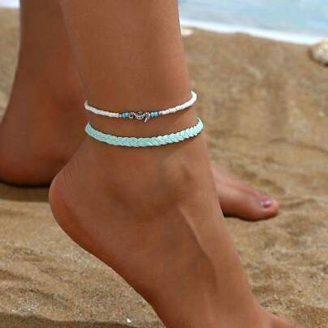 SHEIN 2pcs/Set Bohemian Beach Style Beaded Sea Star & Shell Braided Anklet For Women
