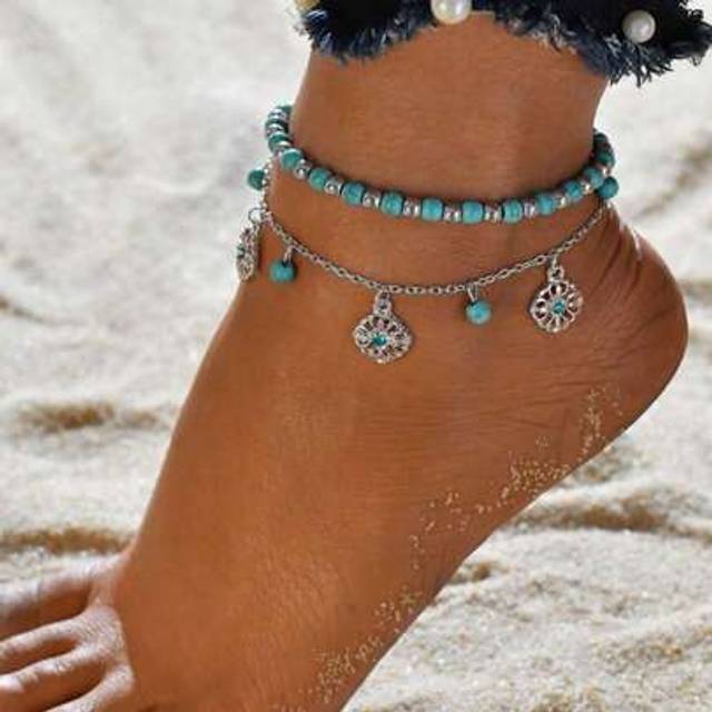 SHEIN 2pcs Vintage Bohemian Turquoise & Gold Hollow Flower Tassel Anklet, Suitable For Beach, Holiday And Daily Life