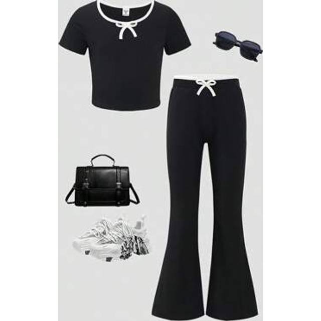 SHEIN 2pcs/Set Tween Girls Contrast Color Bow Decor Square Neck Short Sleeve Crop Top And Contrast Color Waistband Black Flared Pants Outfit
