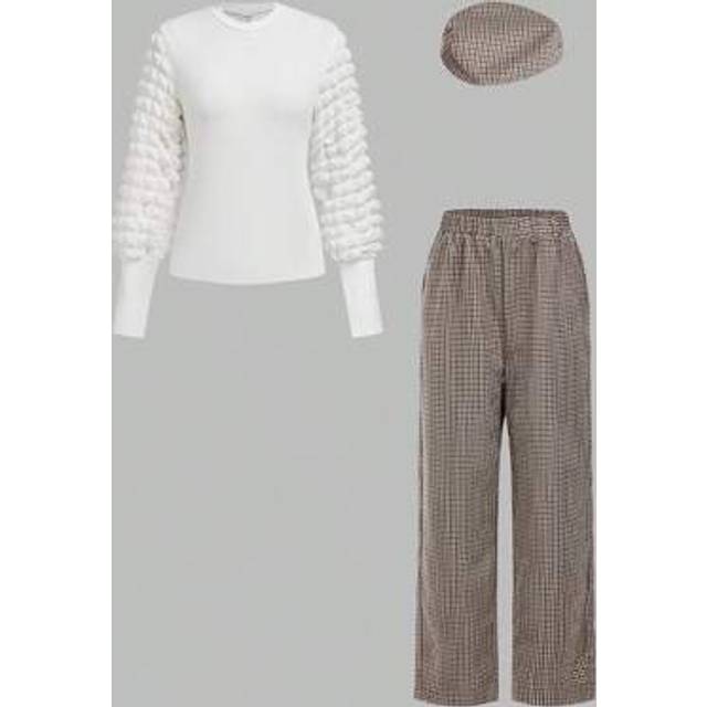 SHEIN 2pcs/Set For Teens (Girls) Casual/Commuting Vintage Versatile Puff Sleeve Knit Top & A-Line Plaid Skirt With Beret