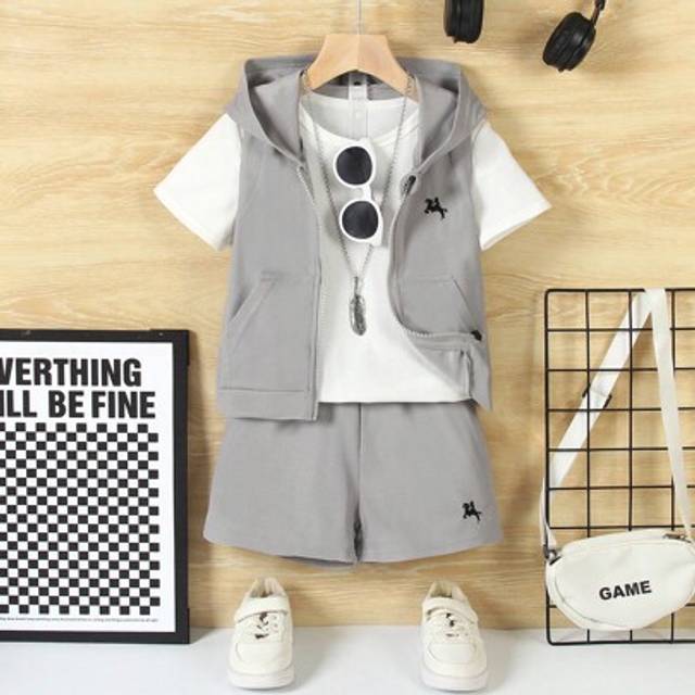 SHEIN 2pcs/Set Toddler Boys Summer Casual Solid Color Zip-Up Hoodie Vest & Printed Shorts, Soft Comfortable Fabric, Suitable For Daily Wear