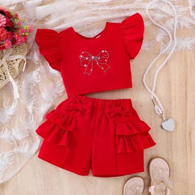 SHEIN 2pcs/Set Young Girl Red Bow Rhinestone Cap Sleeve Vest Top & Shorts Set, Cute Refreshing Summer Outfit